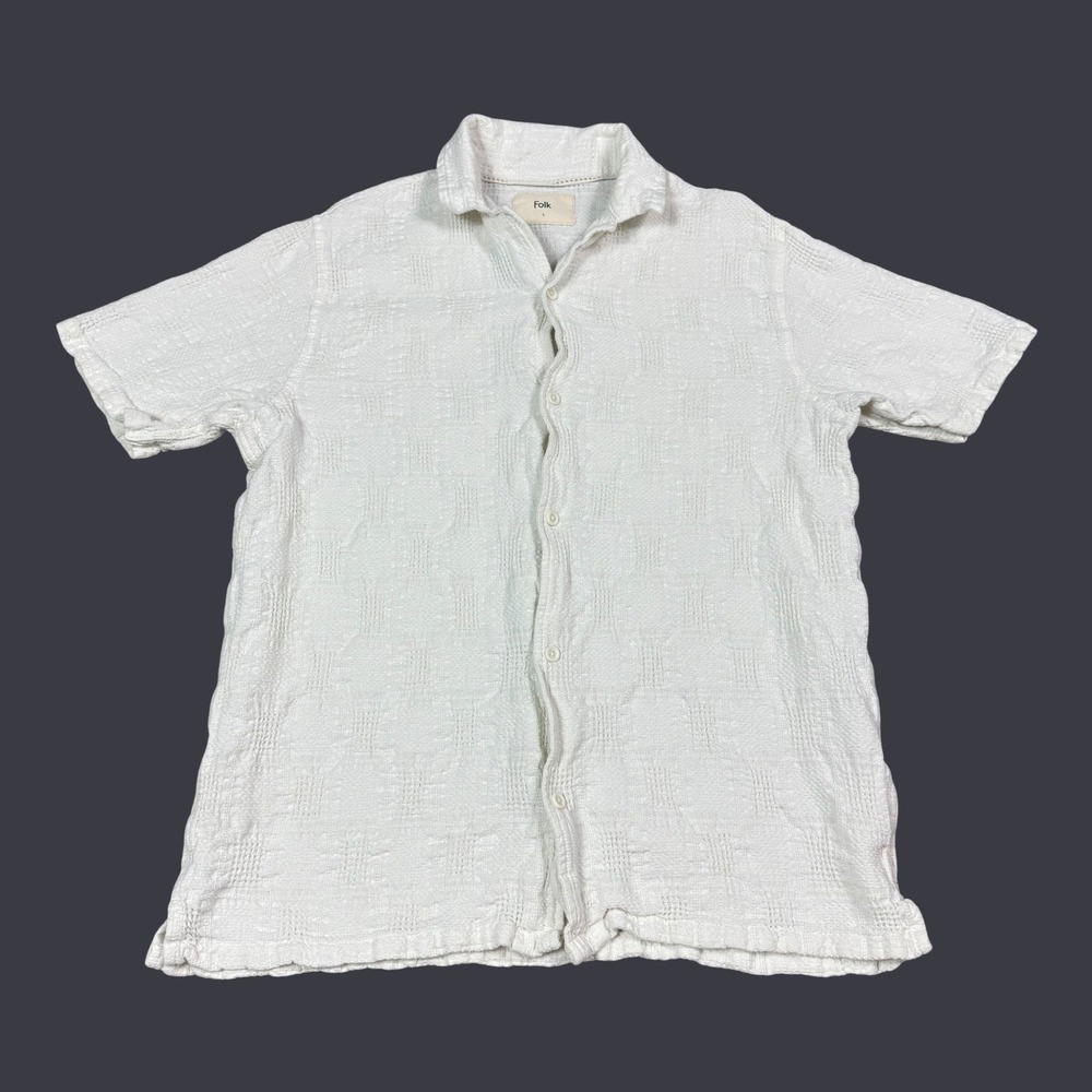 FOLK Knit Patterned Blank White Casual Button Up Shirt Men's Large